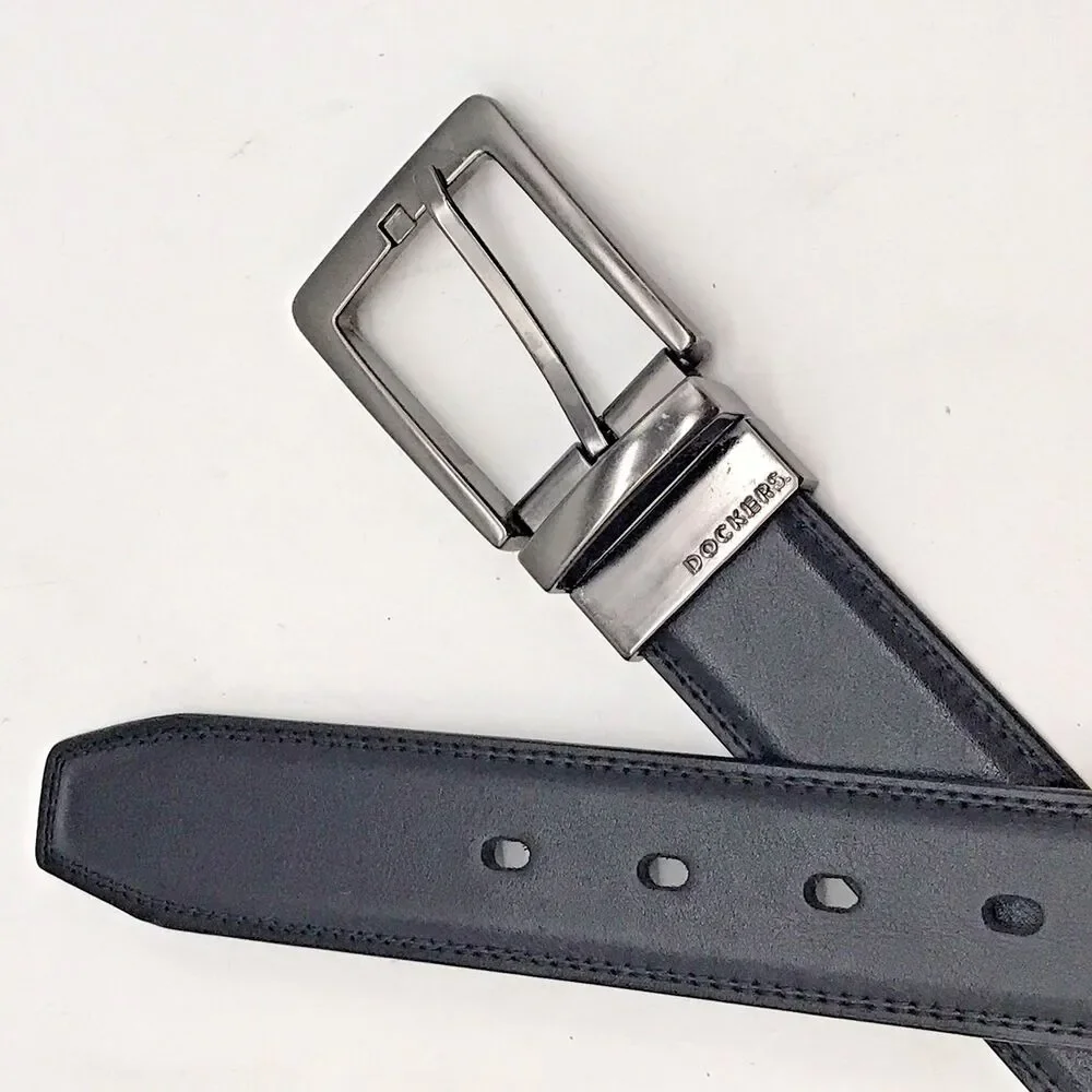 Dockers Black Synthetic Leather Belt Men's 42-44 Nickel Metal Loop Buckle Belt